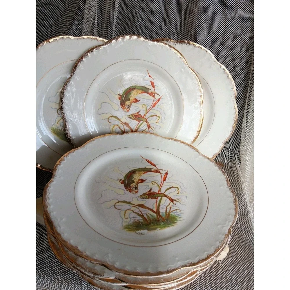 LEBEAU Porcelain Fish Plates French Antique Underwater Asian Style Scene. Set 7